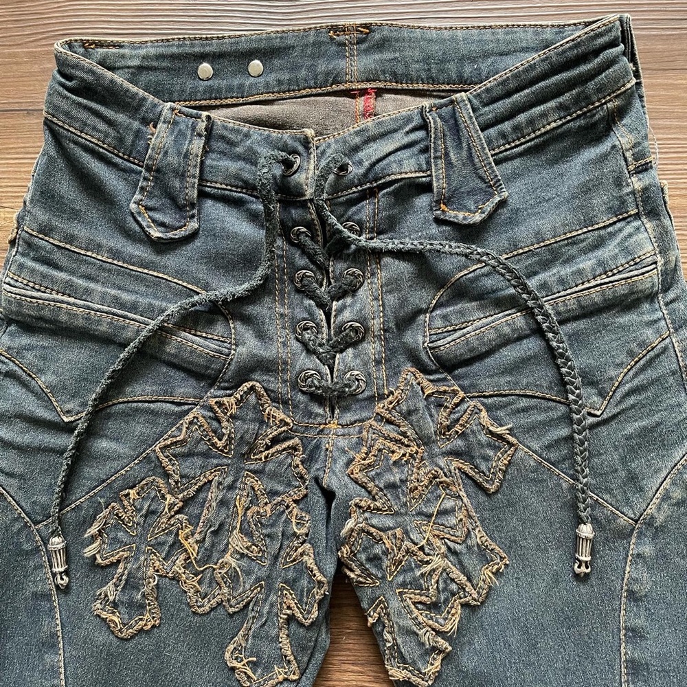 A&G Rock n Roll Couture Fleur Knee Cross Patch Bootcut Flare Pants - Picture 2 of 7